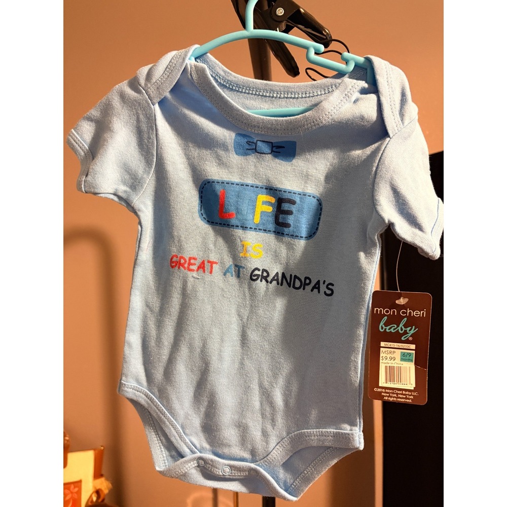 Mon Cheri Baby Blue One Piece Romper Sz 6/9 Mos NWT
